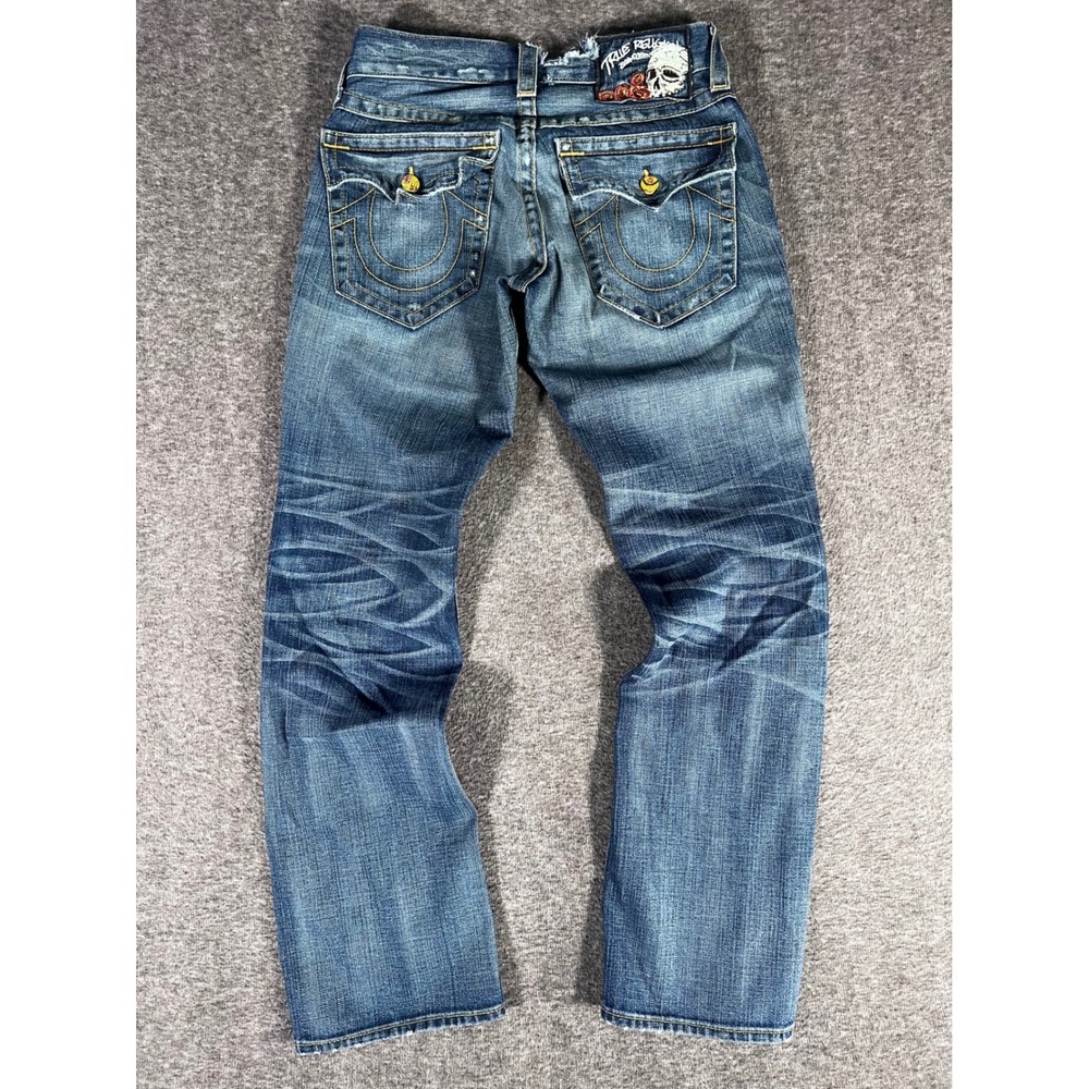 Vintage True Religion Straight Leg Jeans Blue Paint Splatter Skull Patch 30